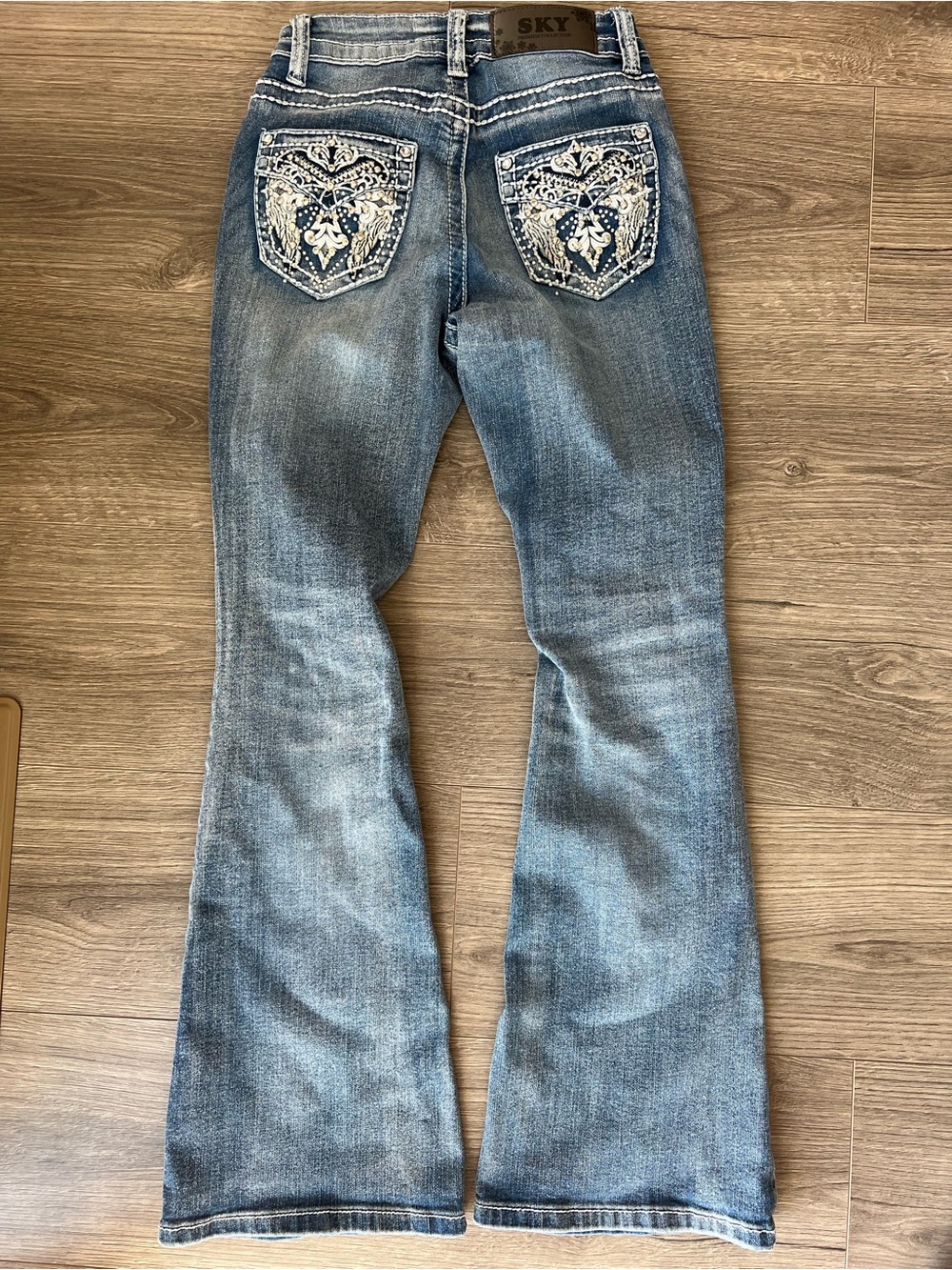 Sky Women's Light Blue Embroidered Back Pocket Flare Jeans